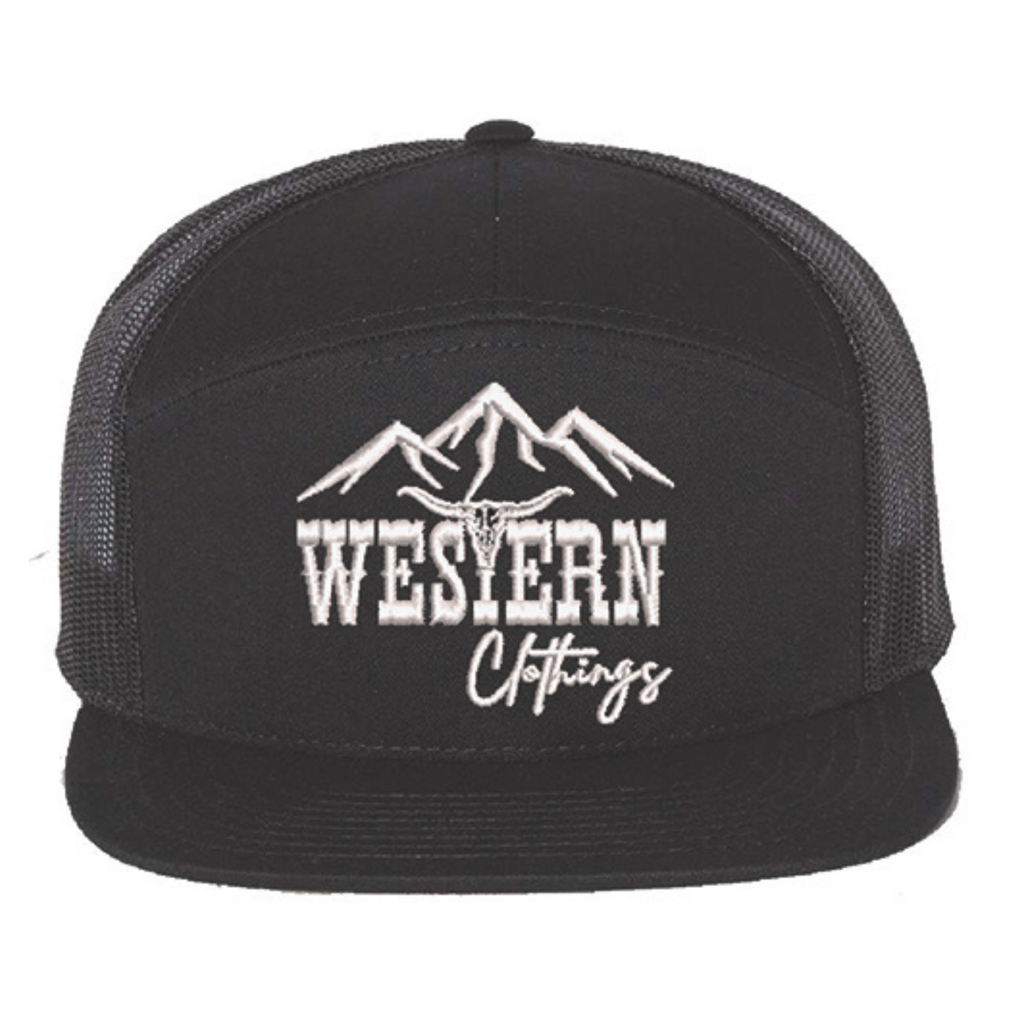 Casquette western visière plate | Logo brodé blanc WC | Noir et maille noire