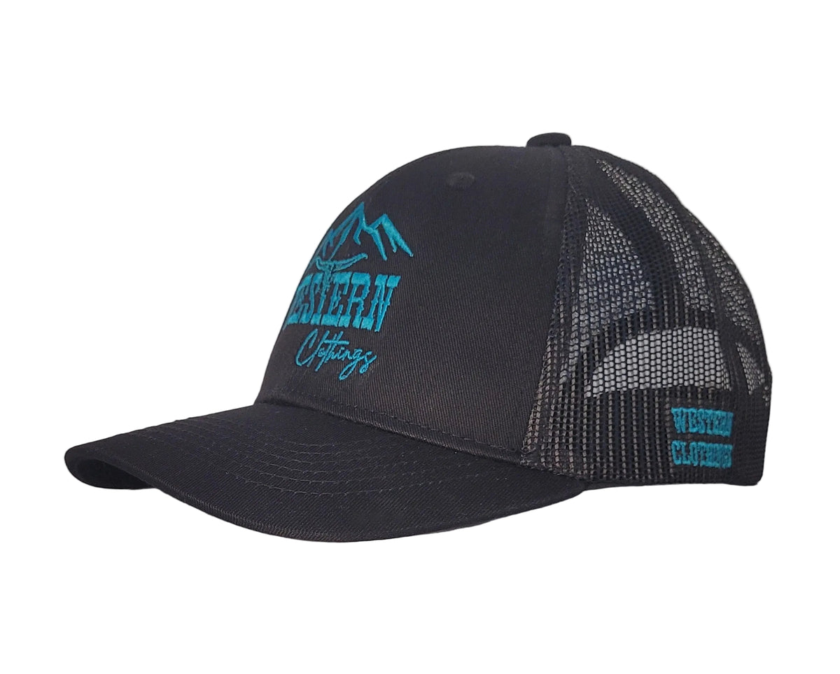 Casquette western | Logo WC brodé turquoise | Noire et maille noire