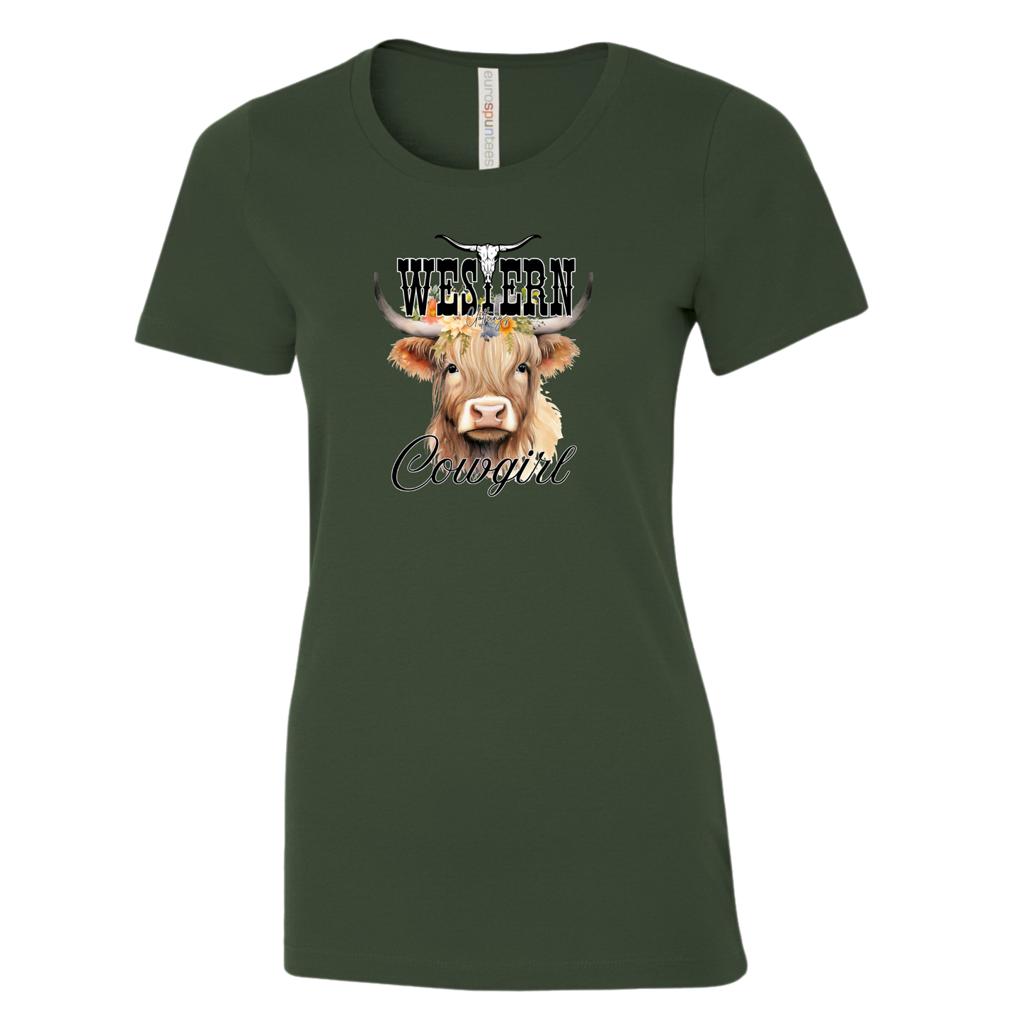 T-shirt Western Femme col rond | COG | Blanc ou vert forêt