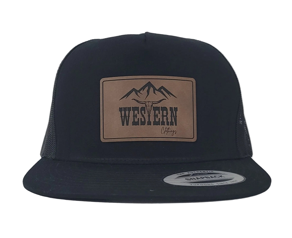 Casquette western visière plate | Patch simili cuir | Noir et maille noire