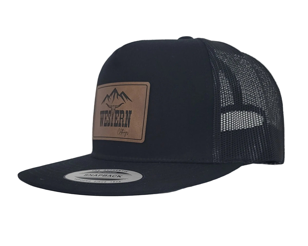 Casquette western visière plate | Patch simili cuir | Noir et maille noire
