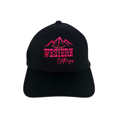 Casquette western | Logo WC brodé rose | Noire et maille noire