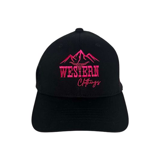 Casquette western | Logo WC brodé rose | Noire et maille noire