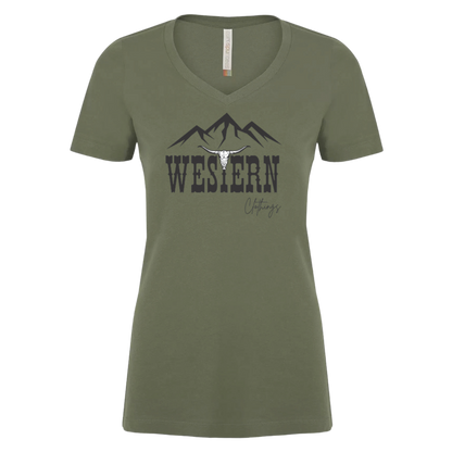 T-shirt Western Femme col en V | WC | Noir, vert ou orange