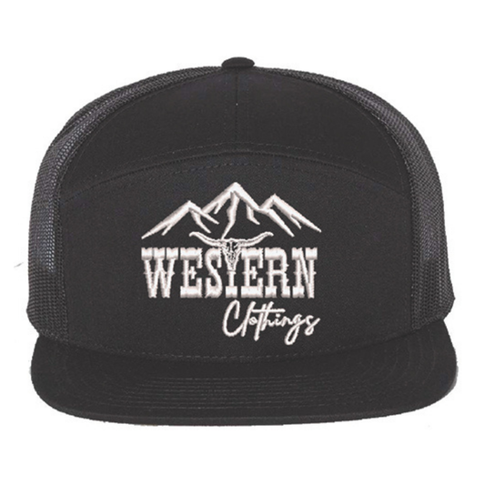 Casquette western visière plate | Logo brodé blanc WC | Noir et maille noire