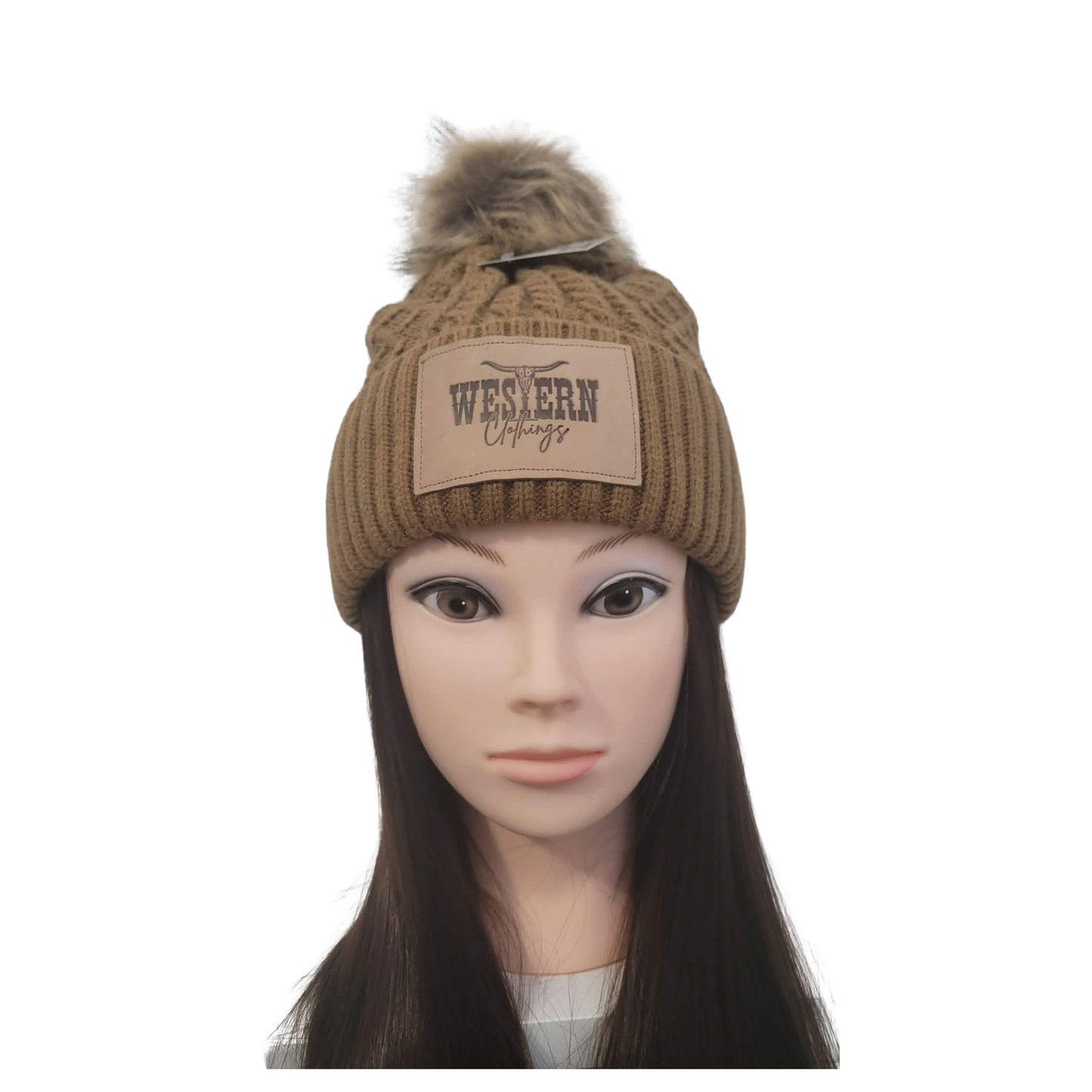 Tuque avec pompon et patch de cuir | Beige, caramel ou noir