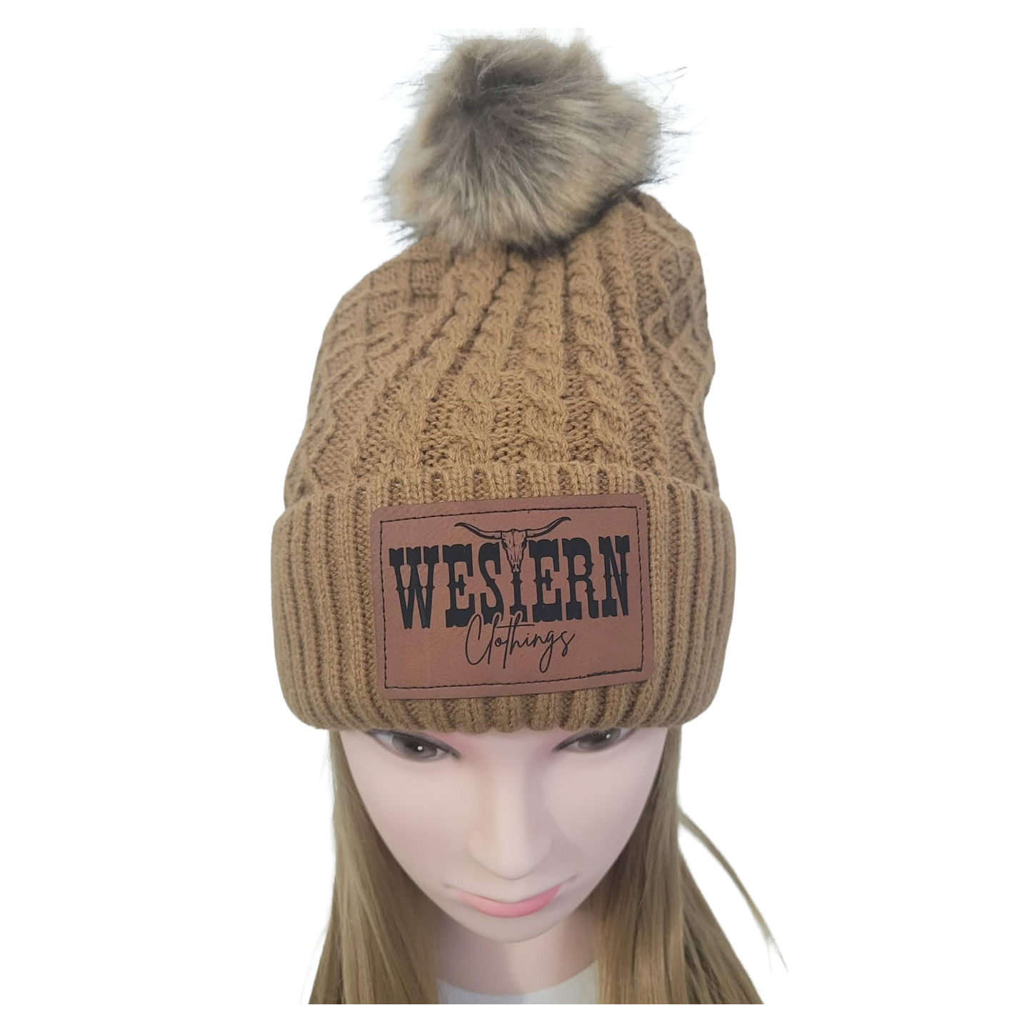 Tuque avec pompon | Caramel et patch de cuir foncée