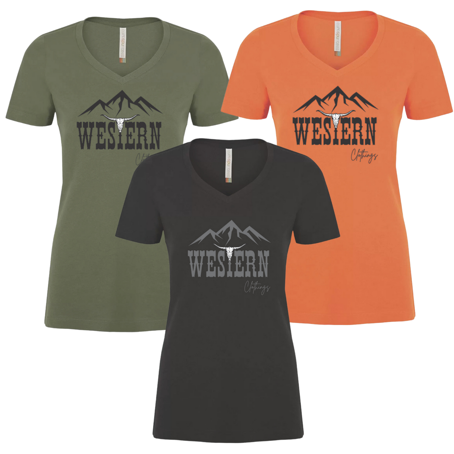 T-shirt Western Femme col en V | WC | Noir, vert ou orange