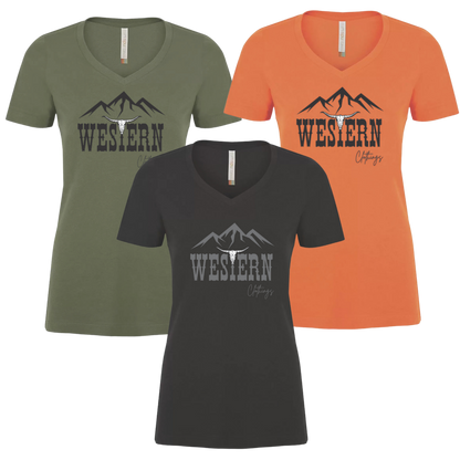 T-shirt Western Femme col en V | WC | Noir, vert ou orange