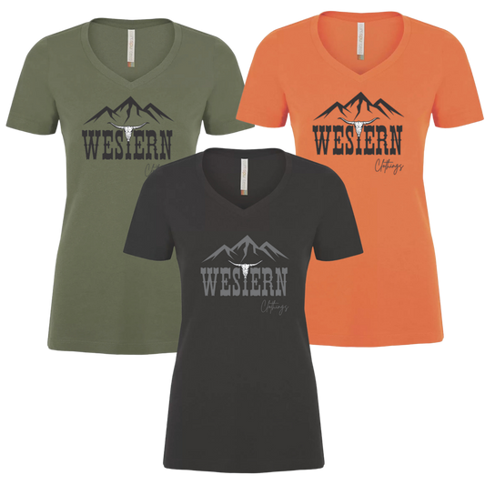 T-shirt Western Femme col en V | WC | Noir, vert ou orange