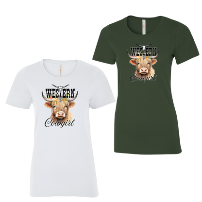 T-shirt Western Femme col rond | COG | Blanc ou vert forêt