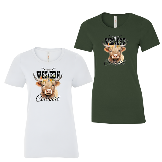 T-shirt Western Femme col rond | COG | Blanc ou vert forêt