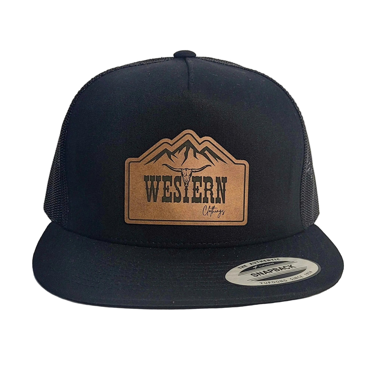 Casquette western visière plate | Patch simili cuir | Noir et maille noire