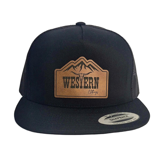 Casquette western visière plate | Patch simili cuir | Noir et maille noire